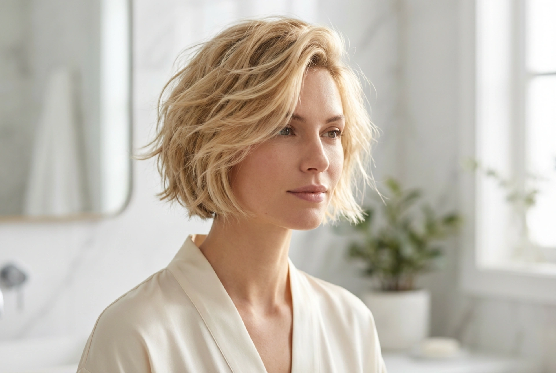 Frizura: Modernül formázott rövid haj, volumen és textúra