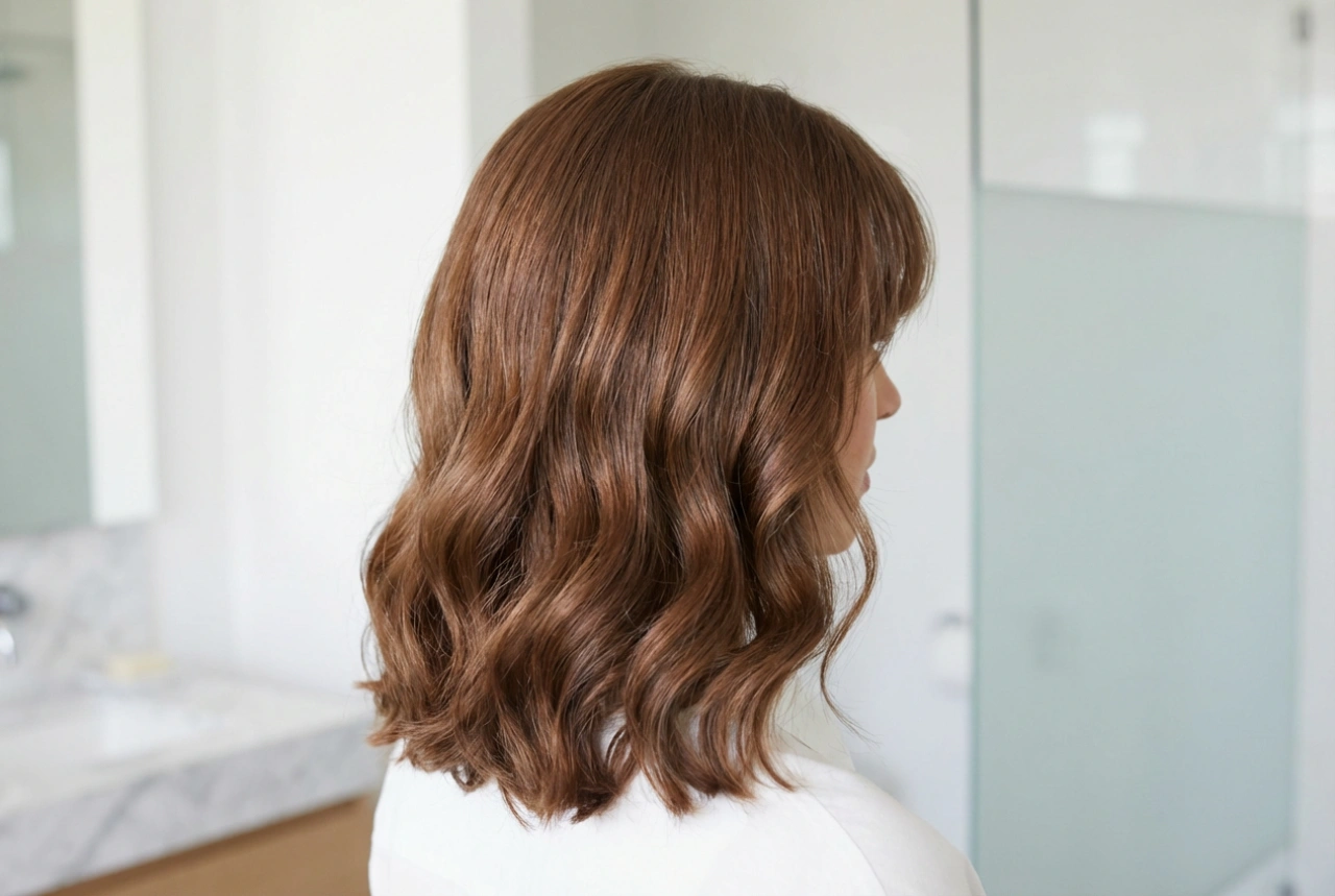 Vállig érő haj frufruval: frizura volumennel és lágy hullámokkal