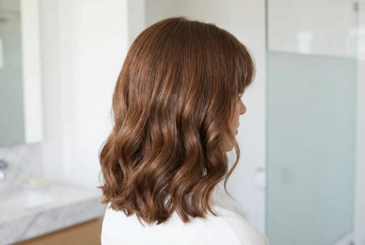 Vállig érő haj frufruval: frizura volumennel és lágy hullámokkal