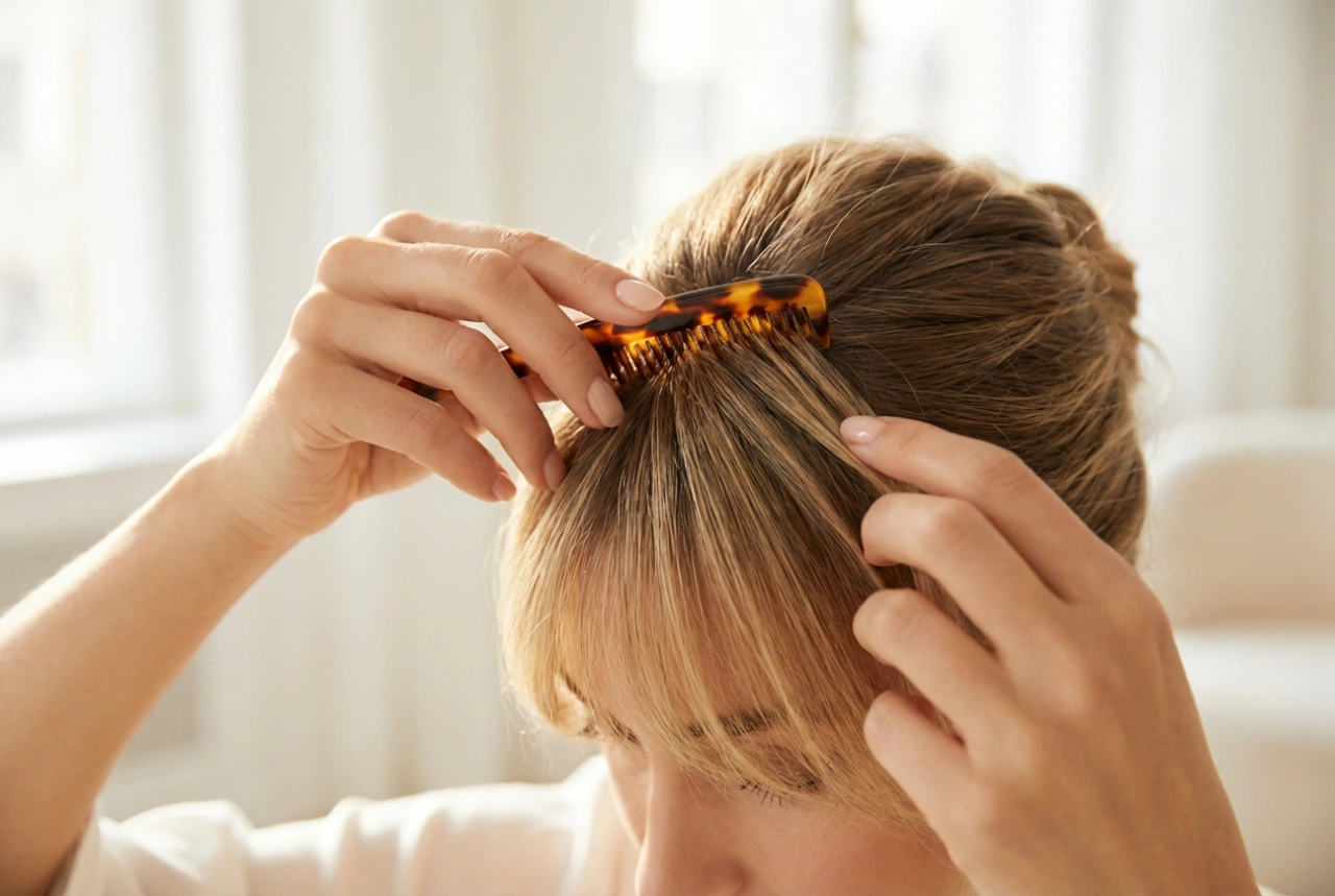 Konty a frufruból: rövid tincsek gyors feltűzése a homlok felett lépésről lépésre