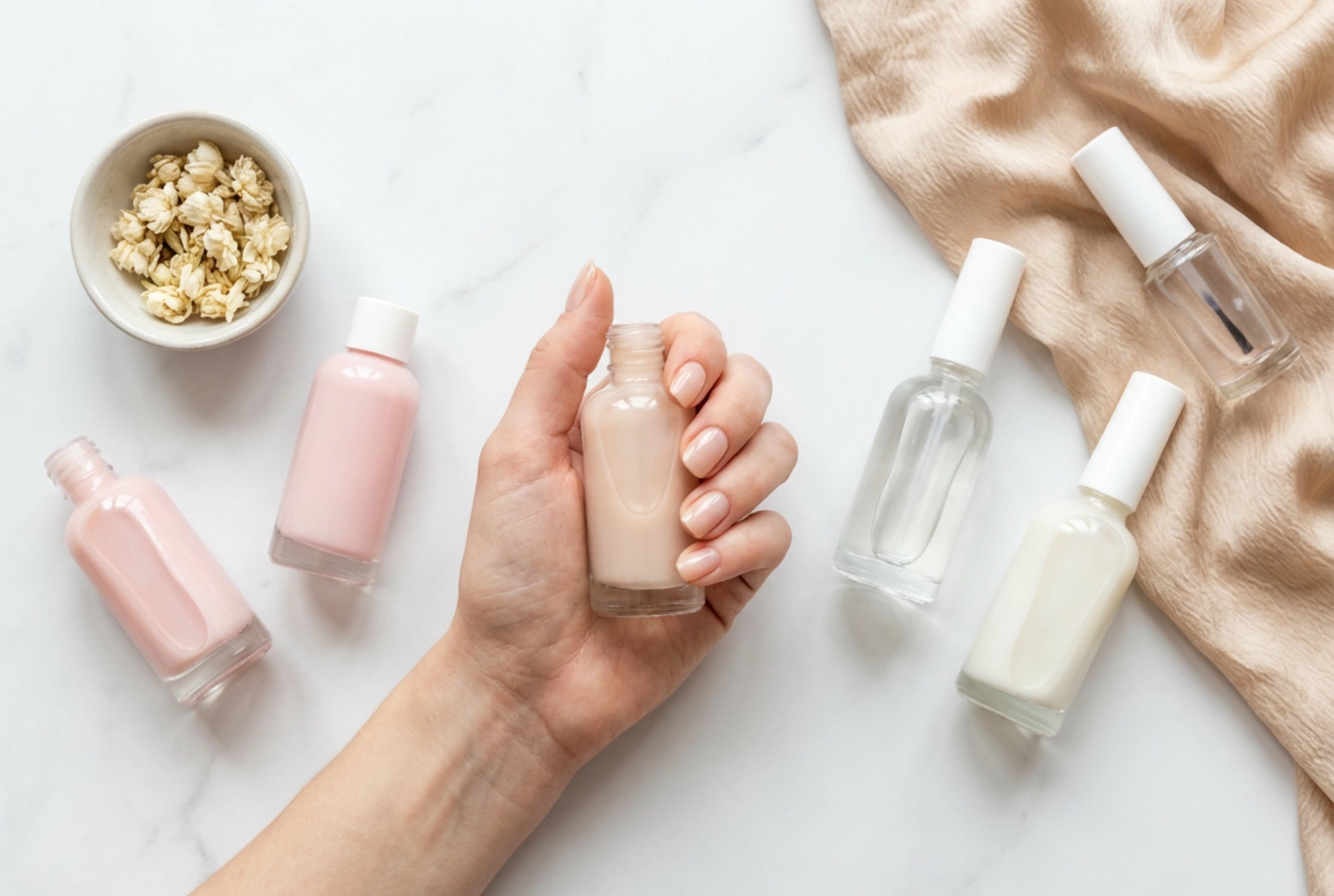 Természetes hatású hibrid manikűr: építő alapok, tejes árnyalatok és befejezés