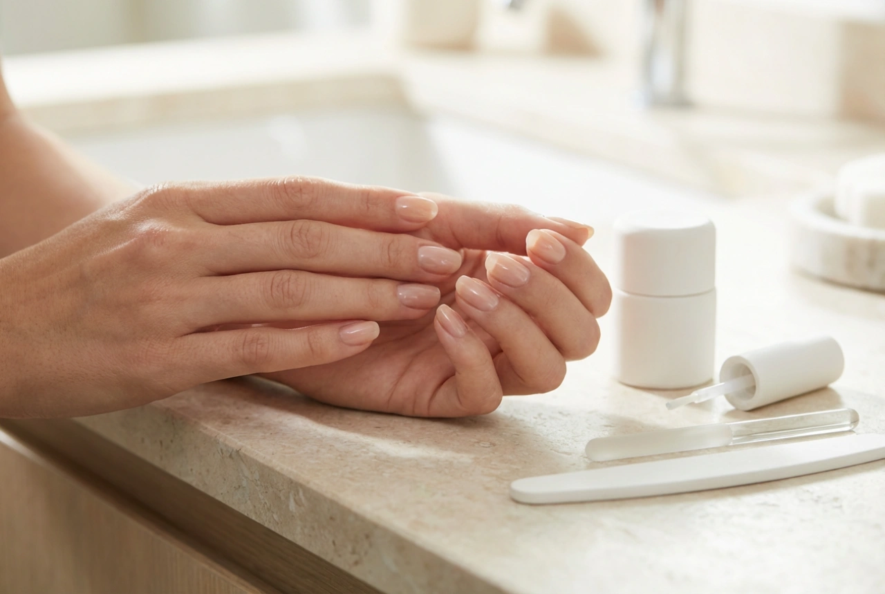 Természetes hatású hibrid körmök: nude színek, vékony réteg, magas fény