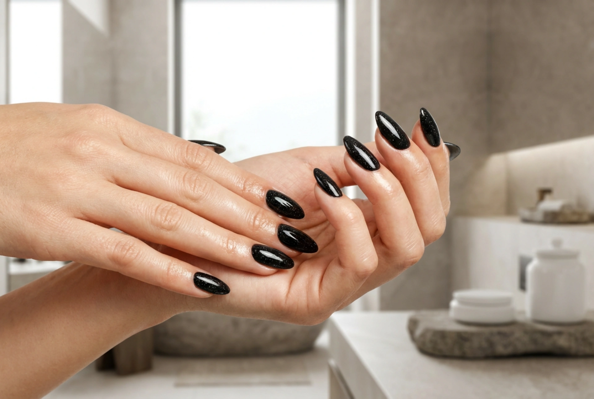 Fekete körmök csillámokkal: egyenletes csillogás és sima felület