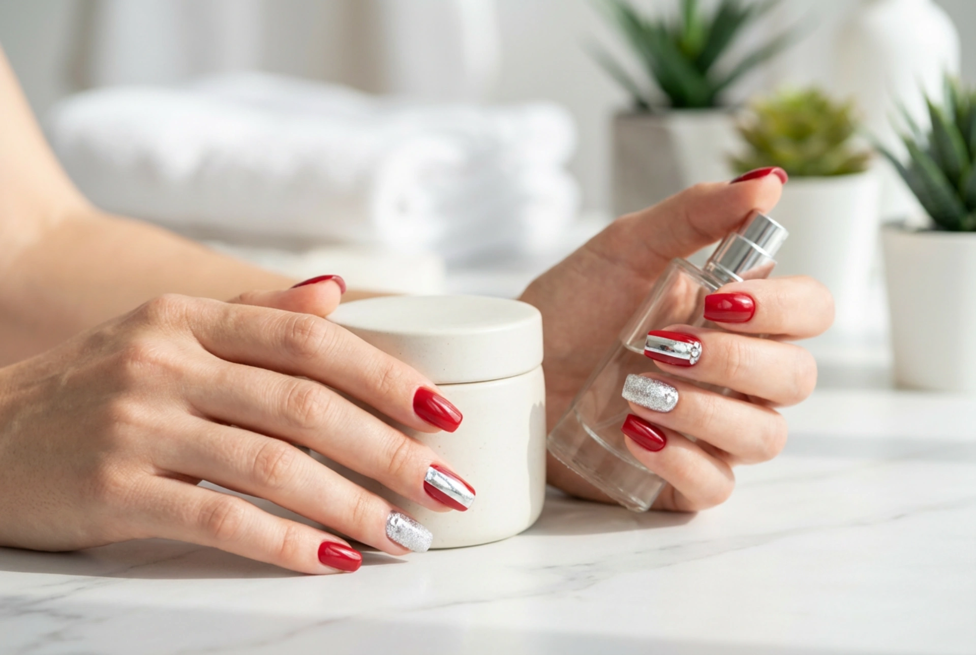 Piros körmök ezüsttel: hogyan kombináljuk a csillámport, fóliát és strasszokat