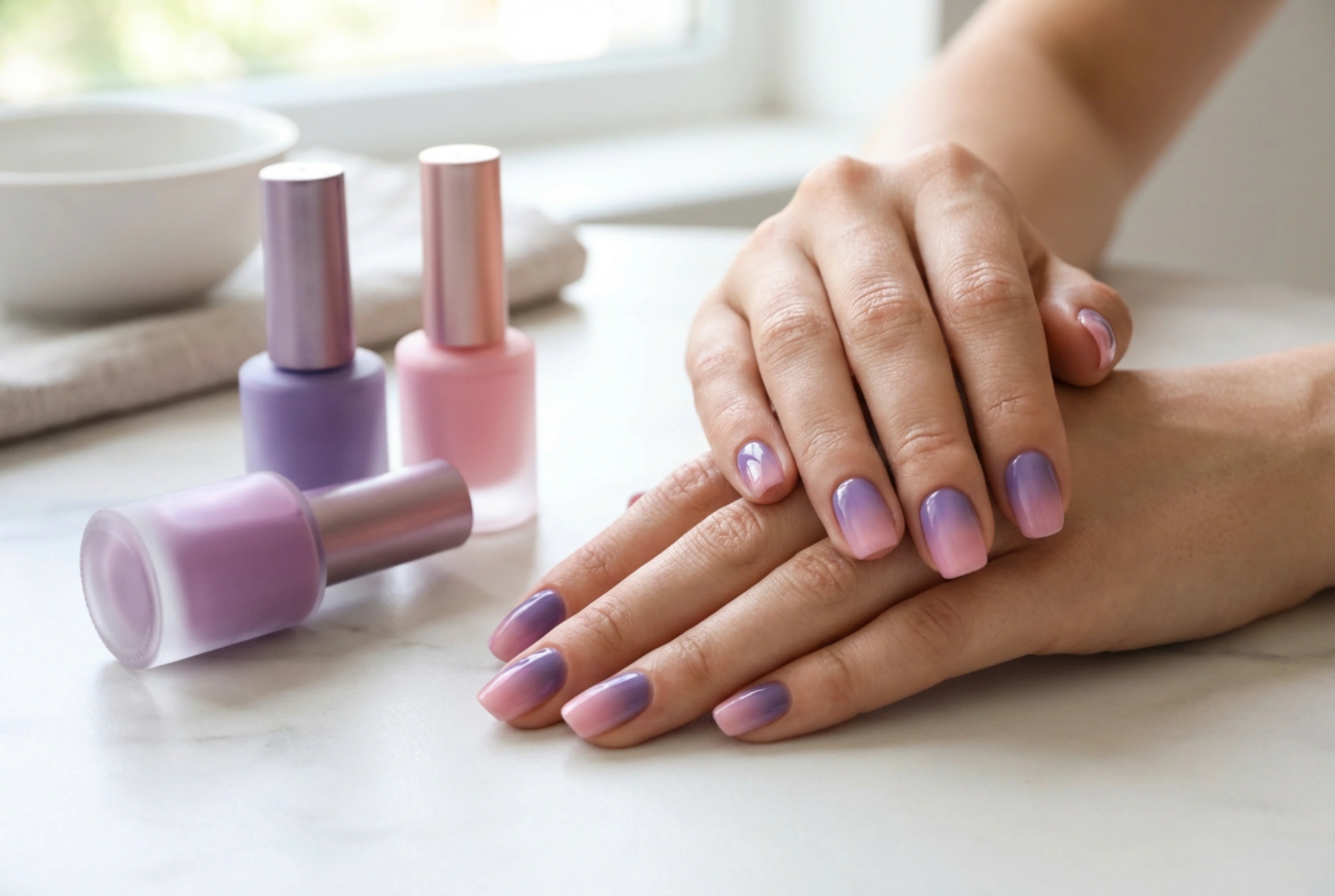 Lila-rózsaszín körmök: hogyan készítsünk sima ombrét és egységes díszítést