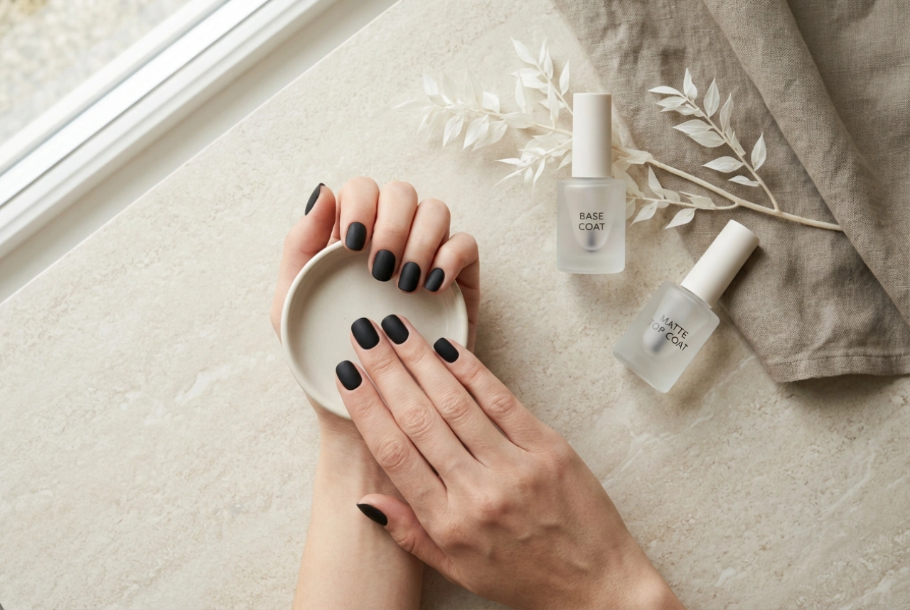 Matt fekete körmök lépésről lépésre: alaplakk, matt fedőlakk és fixálás