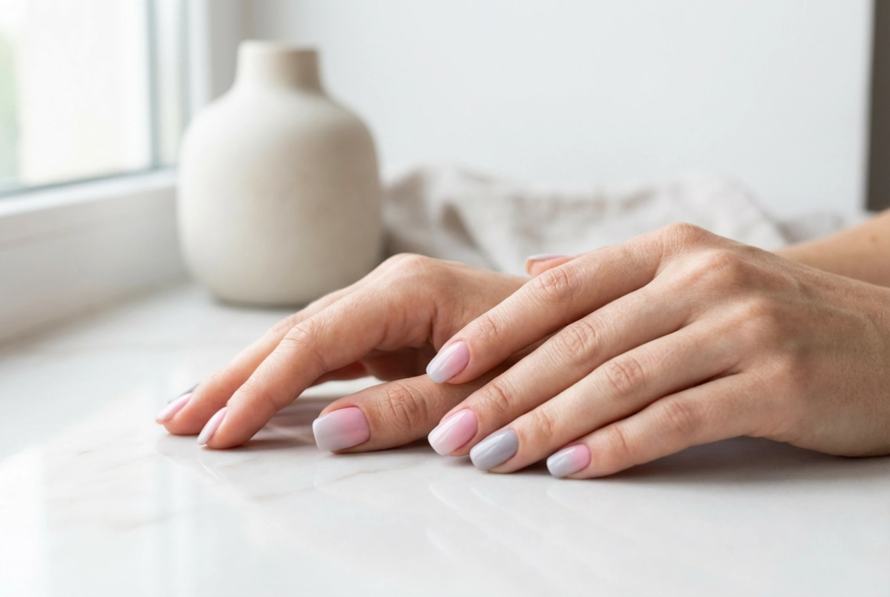 Rózsaszín-szürke ombre körmök: elegáns párosítás munkába és estére