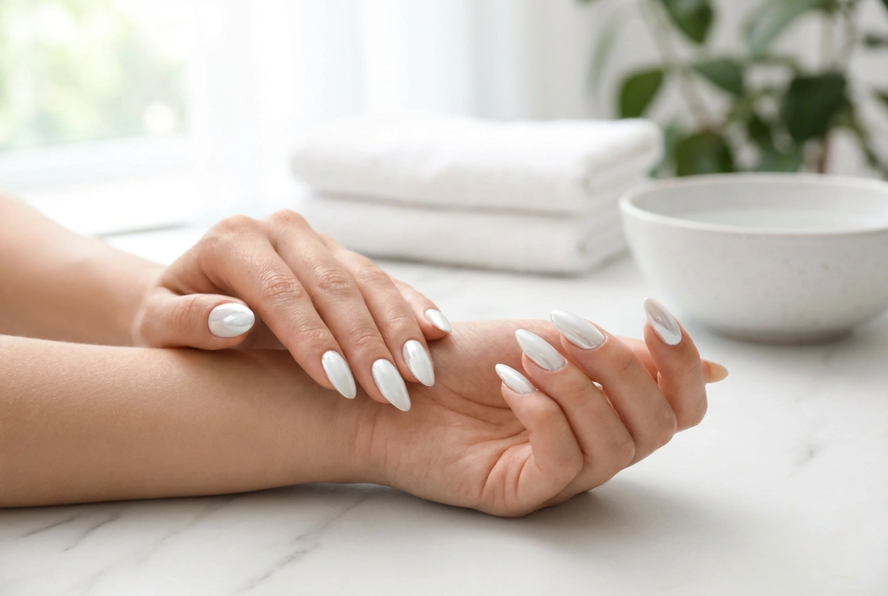 Fehér körmök porral: tükörhatás világos alapon lépésről lépésre